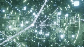 A geometric luminous sphere surrounded by platforms and lights in an abstract technological environment. loop seamless synchronized at 120 bmp video
