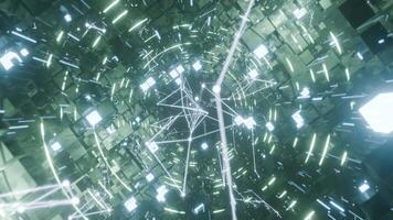A geometric luminous sphere surrounded by platforms and lights in an abstract technological environment. loop seamless synchronized at 120 bmp video