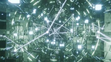 A geometric luminous sphere surrounded by platforms and lights in an abstract technological environment. loop seamless synchronized at 120 bmp video