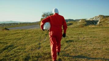 Astronaut Walks In The Meadow Of Earth Before His Departure For Space video