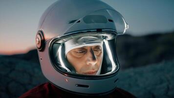 Astronaut With Helmet Prepares For Cold Night In Uninhabited Planet video
