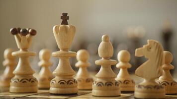 Close-Up of Light Wooden Chess Pieces on a Chessboard video