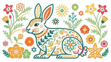 Rabbit flowers and leaves illustration for your design. vector