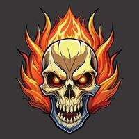 Skull art illustration with flames, black background. vector