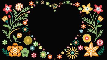 Flower photo frame with a heart shape in the center with a black background. vector