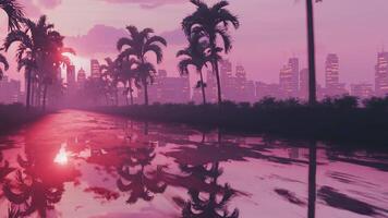 Looped animation of a flight along wet asphalt in retro style at sunset video