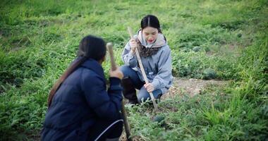 Handheld high angle view shot, Two Asian gardeners chatting happily while using a shovel to weed watermelon fields in the cold morning air. Winter activity. video