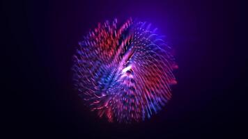 Abstract blue red looped energy sphere from particles and waves of magical glowing on a dark background. Purple energy magic sphere round high-tech digital ball core of light rays waves video