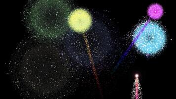 Vivid digital fireworks in green, blue, purple, and yellow bursts with spark trails on a black background. Ideal for New Year celebrations, festive events, and graphic design projects video