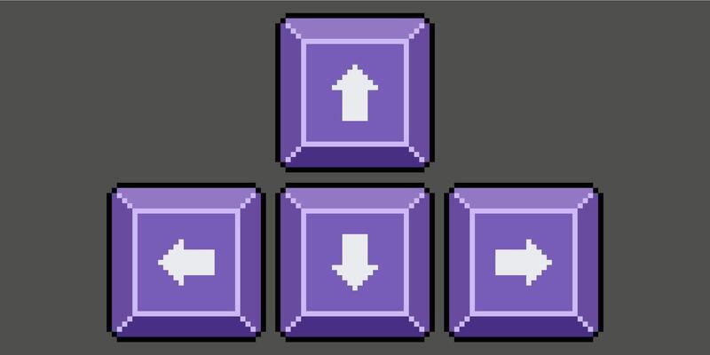 Pixel art keyboard arrow keys. Keyboard play keys icon for 8bit game on dark background