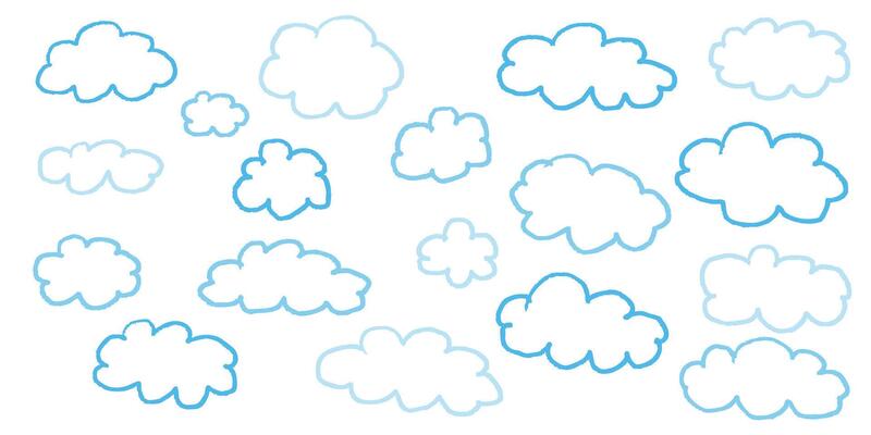 Crayon style cloud and sky background with blue tones and pastel star elements. Hand drawn kid illustration with pencil lines and chalk textures. Brush painted sky shapes for childrens design use.
