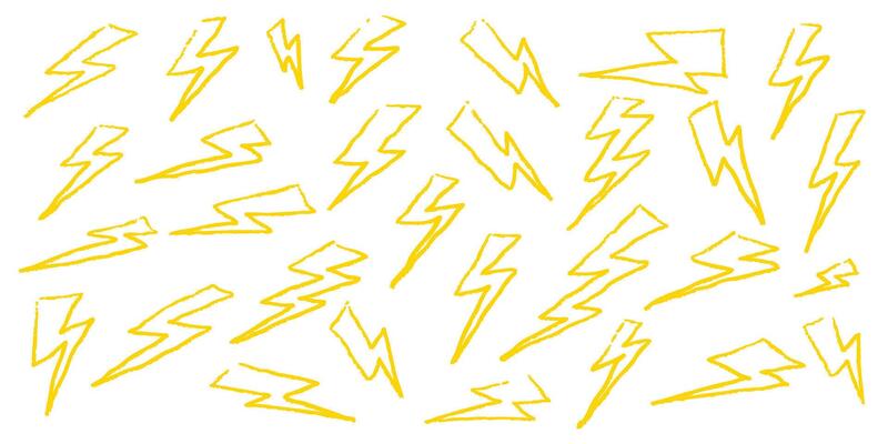 Lightning bolt illustration in crayon chalk and pencil style. Hand drawn cute thunderbolt sketch for kids. Pastel cartoon lightning with doodle lines on white background for weather design.