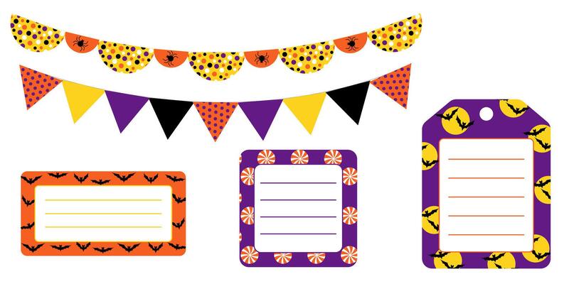 Halloween garland and sticker pack in festive purple black yellow and orange. Round square and rectangular labels for scrapbooking packaging party decor and spooky holiday designs.