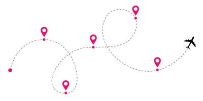 Airplane flight route set with dotted travel path and aircraft tracking lines showing dashed pathways and global plane connections for aviation concept maps and travel design illustrations vector