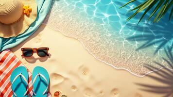 Tropical vacation flat lay with beach essentials and palm leaves photo