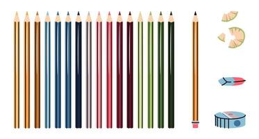 Colored Pencils Set with Sharpener, Eraser and Pencil Shavings in Flat Design. Artist Kit for Drawing, School Projects and Hobbies. Ideal for Art Supply Branding, Educational Materials vector