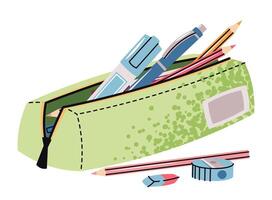 Green Kids Pencil Case with School Supplies and Accessories in Flat Style. Kids Stationery Set with Pencils, Sharpener and Eraser on White Background. Ideal for Back to School, Educational Content. vector