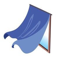 Blue window curtain with wind blowing in illustration isolated on white background. vector