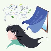 Breeze illustration set bundle. Long hair, blue window curtain, and leaves blowed by the wind drawing isolated on square background. vector