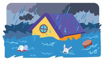 Yellow and blue colored house sinking or drowning in flood water with gloomy rainy weather. Simple flat cartoon art styled colorful drawing isolated on horizontal background. vector