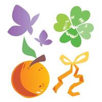 Butterfly, orange fruit, clover leaves, and ribbon colorful simple illustration drawing set isolated on square white background. vector