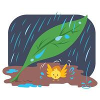 Small baby chicken take shelter under green leaf on the ground from rain water with dark sky background. Simple flat cartoon art styled colorful drawing isolated on square white backdrop. vector