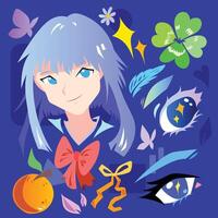 Beautiful anime girl with blue hair and other decorative eyes, orange, ribbon, and butterfly elements. Colorful drawing isolated on square blue background. vector