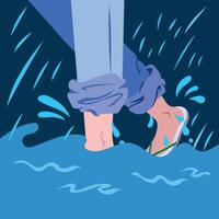 Human legs with blue pants and sandal walking through flood rain water. Simple flat cartoon art styled colorful drawing isolated on square background. vector