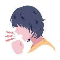 Faceless woman with short black hair and yellow shirt coughing, sneeze, shout, argue, angry, or other expression colorful illustration isolated on square white background. vector