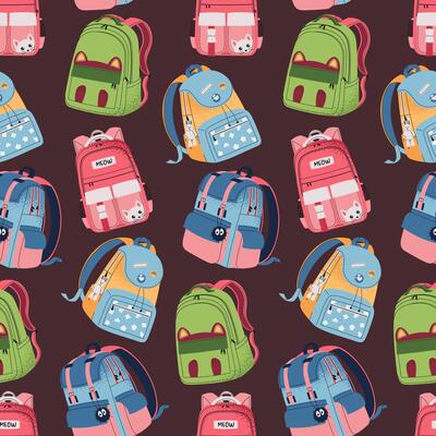 Seamless Pattern with Various Kids Backpacks. Colorful School Background for Children's Textiles, wallpaper, wrapping paper, Stationery. Perfect for Back to School