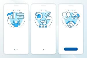 Job satisfaction outcome blue onboarding mobile app screen. Walkthrough 3 steps editable graphic instructions with linear concepts. UI, UX, GUI vector