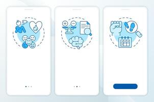 Job attitude major components blue onboarding mobile app screen. Walkthrough 3 steps editable graphic instructions with linear concepts. UI, UX, GUI vector