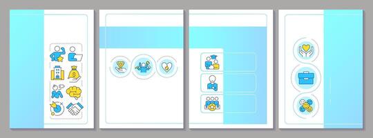 Job satisfaction brochure layout. Employee fulfilment, motivation. Teamwork, workload. Leaflet advertising design with color line icons. Editable 4 pages vector