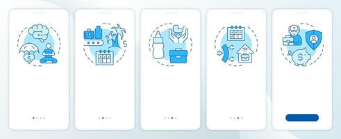 Employment benefits blue onboarding mobile app screen. Work schedule. Walkthrough 5 steps editable graphic instructions with linear concepts. UI, UX, GUI vector