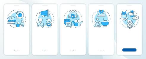 Employee fulfillment key components blue onboarding mobile app screen. Walkthrough 5 steps editable graphic instructions with linear concepts. UI, UX, GUI vector