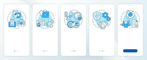 Job satisfaction key factors blue onboarding mobile app screen. Walkthrough 5 steps editable graphic instructions with linear concepts. UI, UX, GUI vector