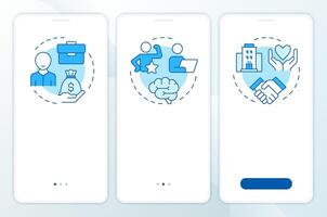 Job attitude types blue onboarding mobile app screen. Salary, perks. Walkthrough 3 steps editable graphic instructions with linear concepts. UI, UX, GUI vector