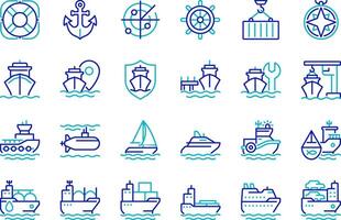 Maritime transport pixel perfect two color line icons set. Transporting goods via sea routes. Shipping by watercraft bicolor outline iconset isolated. Duotone pictograms thin linear. Editable stroke vector