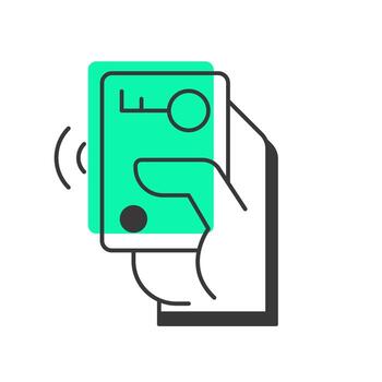 Hand with keycard offset shadow line icon. Access to private areas. Magnetically encoded data. Security tool. Bold outline symbol with solid green fill. Modern flat illustration. Editable stroke vector