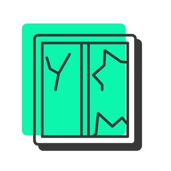 Broken window offset shadow line icon. Abandoned building part. Vandalism problem. Property damage risk. Bold outline symbol with solid green fill. Modern flat illustration. Editable stroke vector