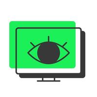 Online monitoring offset shadow line icon. Computer screen with open eye. Cyber security improvement software. Bold outline symbol with solid green fill. Modern flat illustration. Editable stroke vector