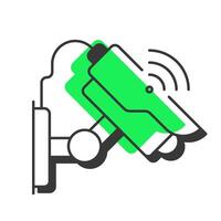 CCTV camera offset shadow line icon. surveillance equipment. Physical security technology usage. Bold outline symbol with solid green fill. Modern flat illustration. Editable stroke vector