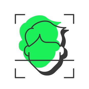 Face recognition offset shadow line icon. Analyzing facial features. Person identification technology. Bold outline symbol with solid green fill. Modern flat illustration. Editable stroke vector