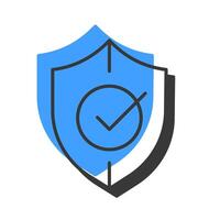 Shield with tick mark offset shadow line icon. Quality of data protection. Safe access approved. Cybersecurity. Bold outline symbol with solid blue fill. Modern flat illustration. Editable stroke vector