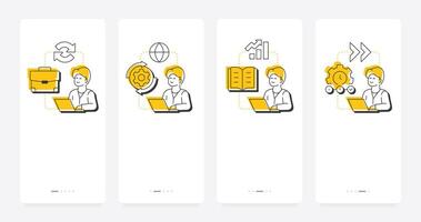 Types of organizational change mobile app onboarding screens. Corporate state maintenance. Business strategy. Flat UI UX design, yellow highlight with outline icons conceptual vector