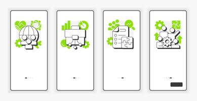 Nadler Tushman congruence framework mobile onboarding screen. Gap analysis methods UX UI illustration. Flat outline style icons with green accent vector