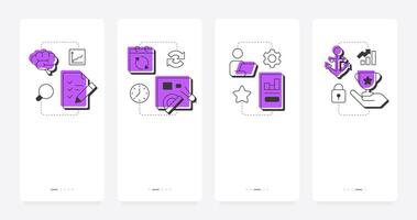 Stages of organizational change mobile app onboarding screens. Business company management. Corporate strategy. Flat UI UX design, purple highlight with outline icons conceptual vector