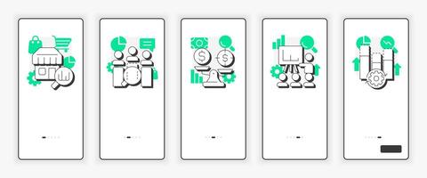 Types of gap analysis mobile onboarding screen. Business company data research UX UI illustration. Flat outline style icons with green accent vector