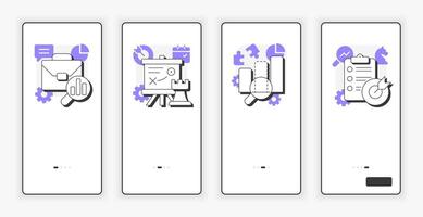 Stages of gap analysis mobile onboarding screen. Business data exploration UX UI illustration. Flat outline style icons with purple accent vector