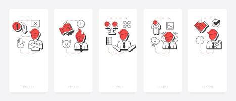Five stages of grief mobile app onboarding screens. Changes management. Pain handling strategy. Psychology. Flat UI UX design, red highlight with outline icons conceptual vector